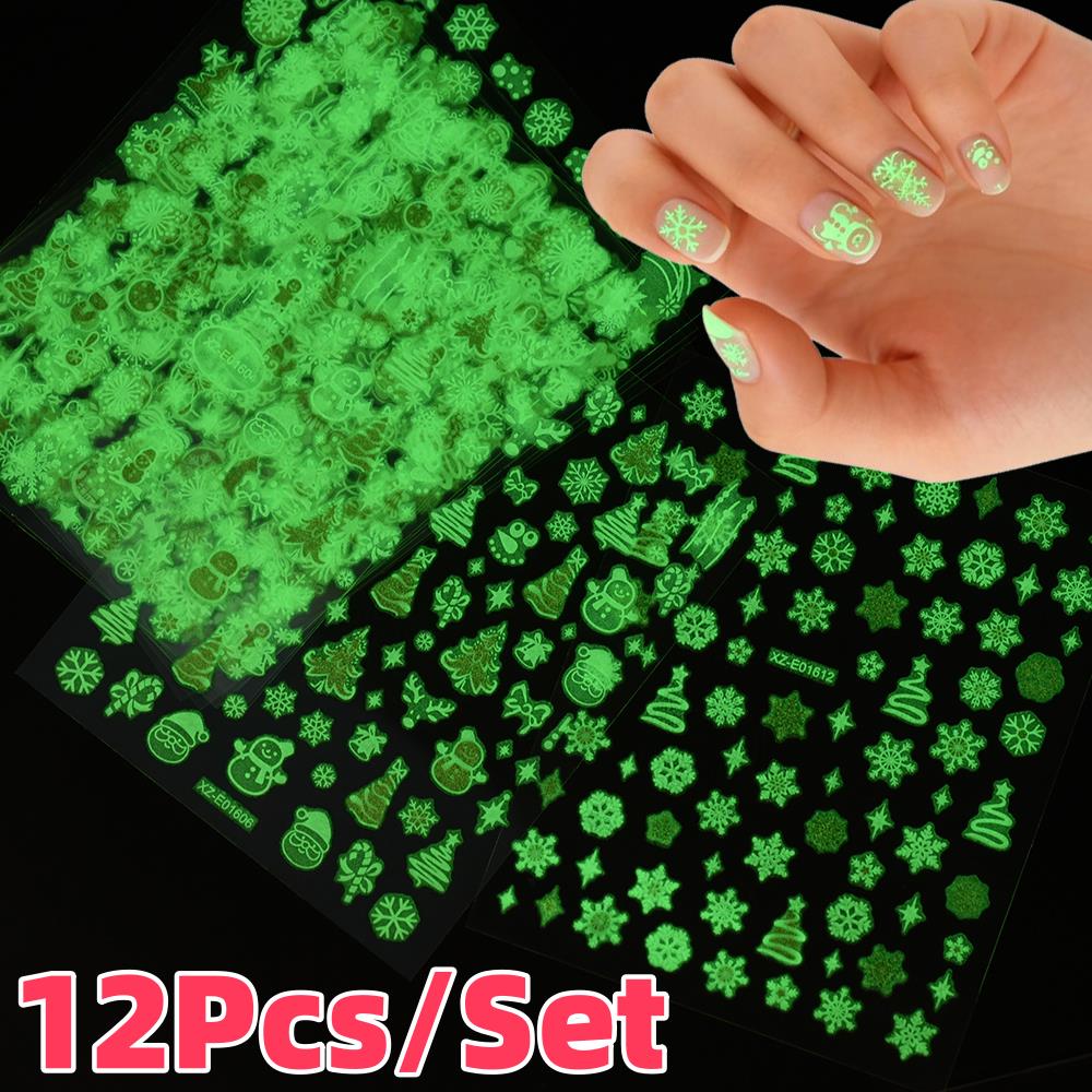 Nail Art Xmas Tree - 12개/세트 3D 야광 크리스마스 눈송이 네일