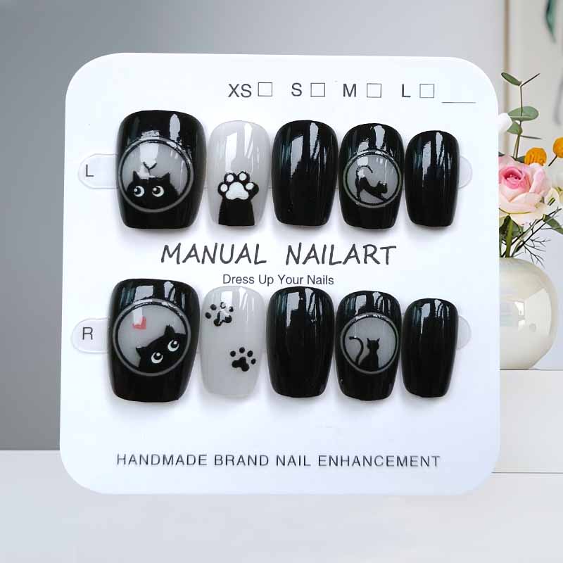 Nail Art Cat Eye - 10개 귀여운 만화 검은 고양이와 핑크